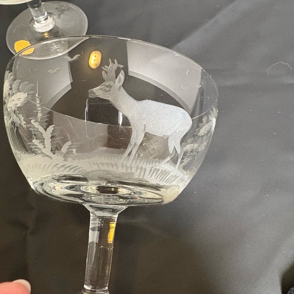 Vintage Etched East Germany Crystal Coupe Set Hunting/Wildlife Scene - Picture 3 of 16